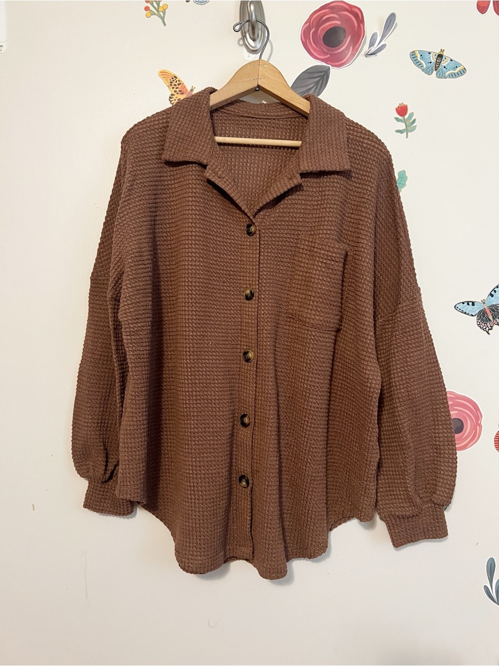 Brown Waffle Knit Button-Up Sweater Shirt M